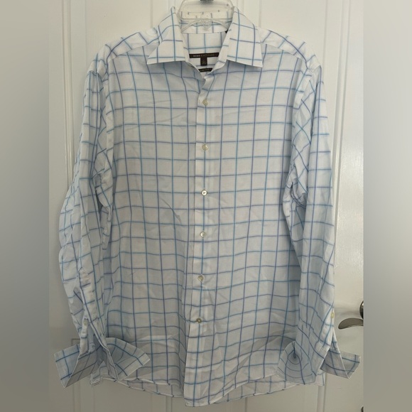 BCBG Men's Slim Fit White Button Down Dress Shirt with Blue Print Size Large - Picture 5 of 7
